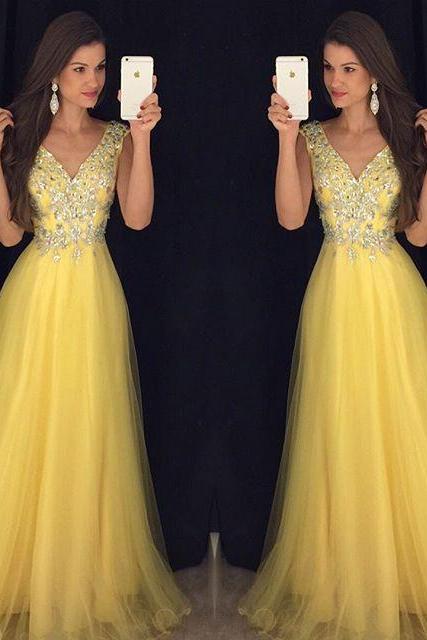 Evening Dresses, Prom Dresses,Party Dresses,New Arrival Prom Dress,Modest Prom Dress,Deep V Neck Long Yellow Prom Dresses 2017 Cap Sleeves Evening Gowns
