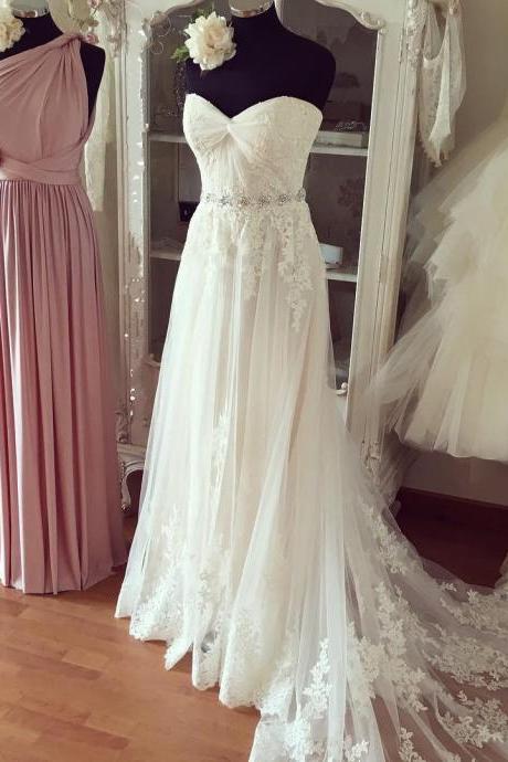  Evening Dresses, Prom Dresses,Party Dresses,Wedding Dresses, Wedding Gown,Pleated Sweetheart Lace Appliques Beach Wedding Dresses Boho Wedding Gowns