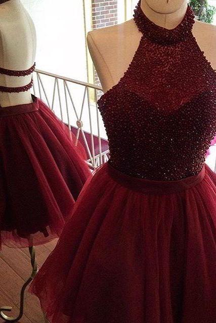 Burgundy Homecoming Dresses,short Prom Dresses,halter Prom Gowns,sparkly Dress,semi Formal Dress,beaded Prom Dress,homecoming Dresses