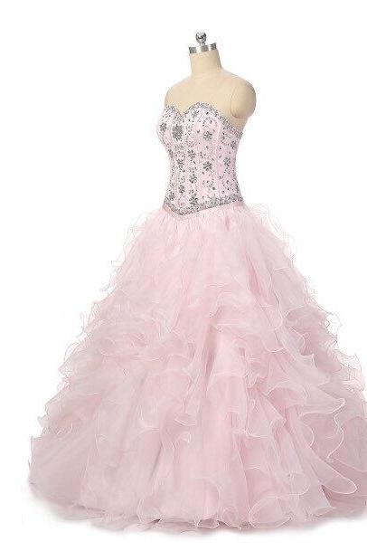 Evening Dresses, Prom Dresses,party Dresses,prom Dress, Prom Dresses, Pink Floor Length Ruffle Organza Quinceanera Gown Featuring Sweetheart