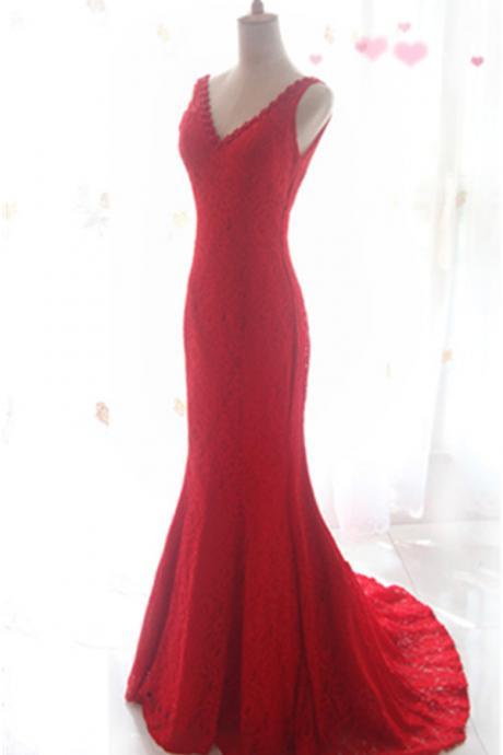 Evening Dresses, Prom Dresses,party Dresses,prom Dress, Prom Dresses, Red V-neck Mermaid Prom Dresses,sweep Train Lace Prom Dress,charming