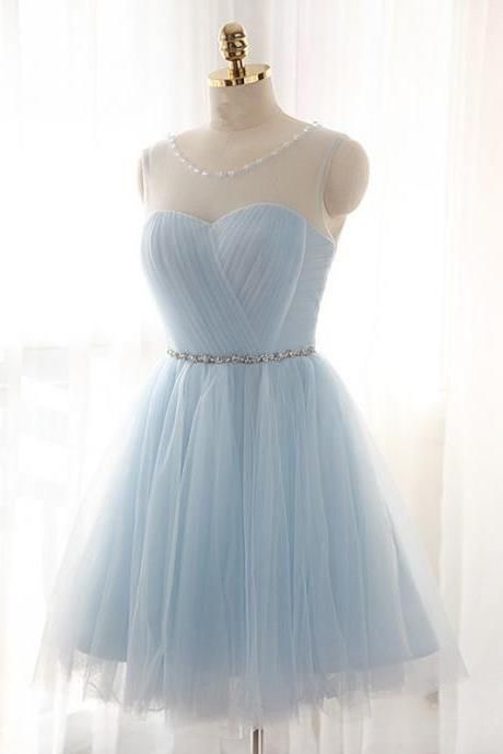 Scoop Neck Tulle Light Blue Homecoming Dresses With Crystals Belt,homecoming Dresses