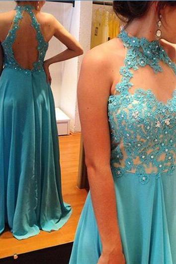 Evening Dresses, Prom Dresses,party Dresses,prom Dress, Prom Dresses, Prom Dresses,prom Dresses,blue Halter Lace Applique And Chiffon Long Prom