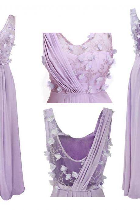 Evening Dresses, Prom Dresses,party Dresses,prom Dress, Prom Gown,lilac Sleeveless A-line Long Chiffon Bridesmaid Dress With Floral Appliques
