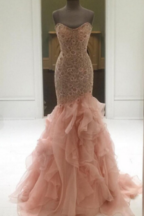 Evening Dresses, Prom Dresses,party Dresses,elegant Mermaid Sweetheart Tiered Sweep Train Blush Prom Dress With Lace