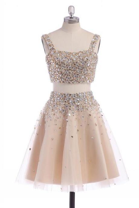 Rhinestone Embellished Short Two-Piece Homecoming Dress Featuring Spaghetti Strap Crop Top and Tulle A-Line Skirt