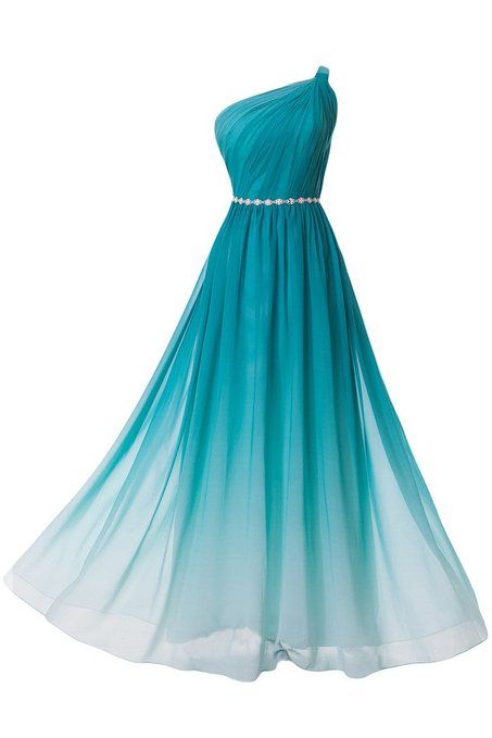 Gradient One-Shoulder Ruched Chiffon Floor Length Formal Dress Featuring Beaded Embellished Belt, Prom Dress 