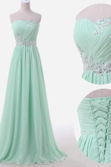 Evening Dresses, Prom Dresses,party Dresses,mint Long Chiffon A-line Prom Dress Featuring Ruched Sweetheart Bodice With Lace Appliqués, Beaded