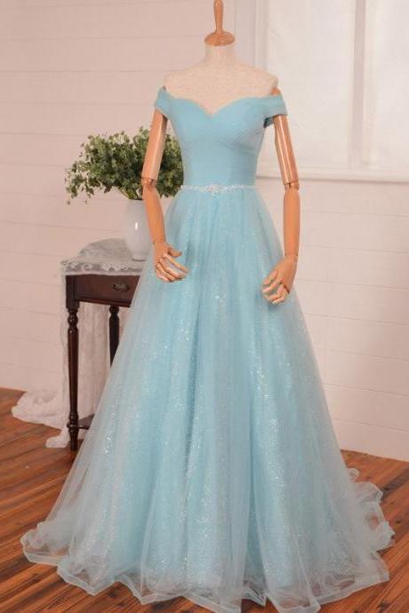 Light Blue Off-the-shoulder Floor Length Tulle Ball Gown Featuring Beaded Embellished Belt, Formal Dress, Prom Dress