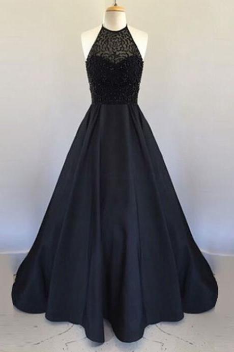  Evening Dresses, Prom Dresses,Party Dresses,Prom Dresses,Prom Dresses,A Line Halter Floor Length Black Pleated Prom Dress with Beading