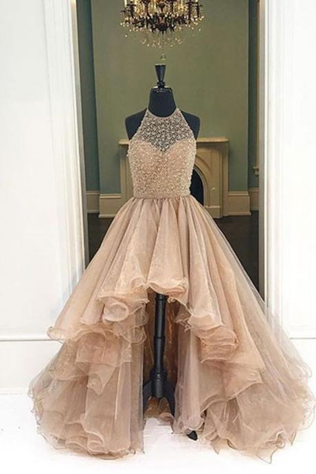  Evening Dresses, Prom Dresses,Party Dresses,Prom Dresses, Prom Dresses,Evening Dress,Party Dresses,Champagne Organza Halter High Low A-line Long Dress,High Quality Prom Dress,Modest Prom Dress,Prom Gowns,Party Dress,formal dresses for teens ,Beading Prom Dress