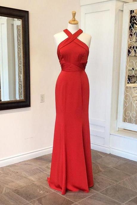Evening Dresses, Prom Dresses,party Dresses,prom Dresses, Prom Dresses,evening Dress,party Dresses,red Halter Fitted Prom Gown, Evening Dress