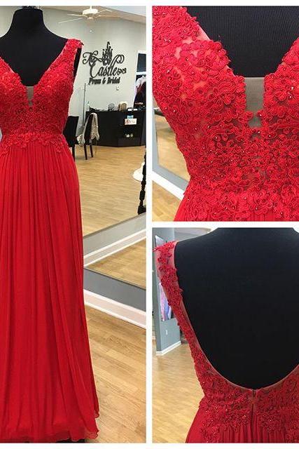 Evening Dresses, Prom Dresses,party Dresses,prom Dresses, Prom Dresses,evening Dress,party Dresses,red Plunging V Neck Backless Chiffon Prom