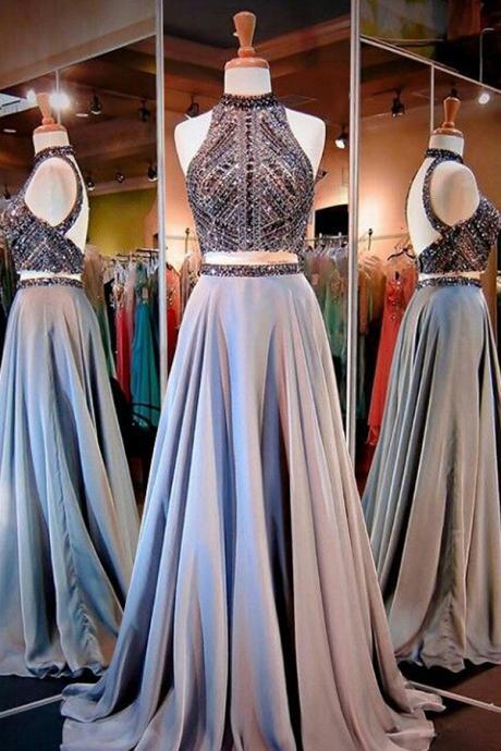  Evening Dresses, Prom Dresses,Party Dresses,Prom Dresses, Prom Dresses,Evening Dress,Party Dresses,New Arrival Prom Dress,Glamorous Two Piece High Neck Open Back Long Prom Dress with Beading