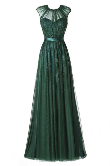  Evening Dresses, Prom Dresses,Party Dresses,Prom Dresses, Prom Dresses,Evening Dress,Party Dresses,New Arrival Prom Dress,Glamorous Round Neck Floor-Length Pleated Dark Green Prom Dress with Beading