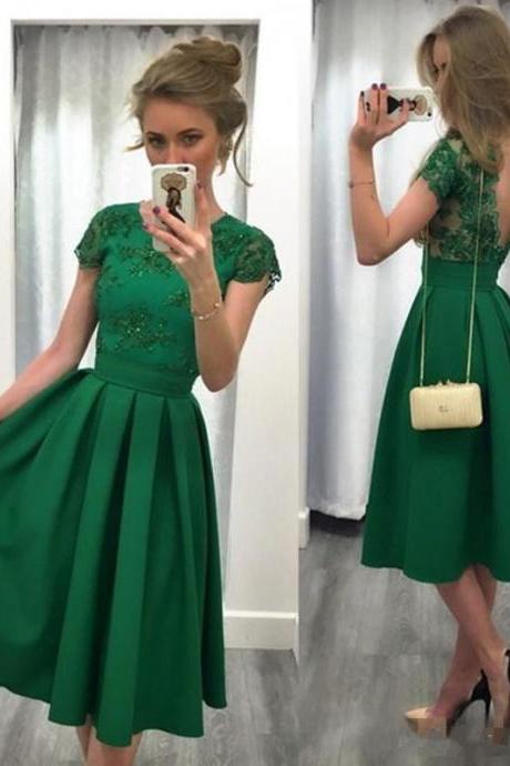 Homecoming Dresses,evening Dress,party Dresses,evening Party Dresses, A-line Cap Sleeve Lace Party Dress In Green