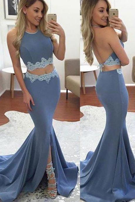 Prom Dresses,evening Dress,party Dresses,lavender Mermaid Halter Split Front Pleated Backless Prom Dress With Lace