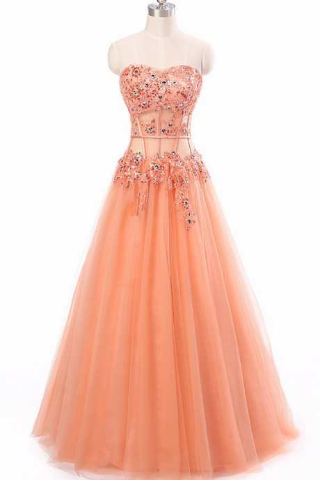 Coral Beaded Embellished Floor Length Tulle Prom Gown Featuring Corset Inspired Bodice And Sweetheart Neckline