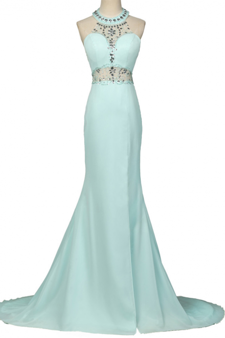 Light Blue Floor Length Chiffon Trumpet Prom Dress Featuring Beaded Embellished Halter Neck Bodice And Open Back