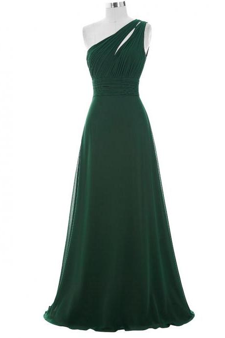 Forest Green Floor Length Chiffon A-line Evening Dress Featuring Ruched One Shoulder Bodice With Cutout Detailing
