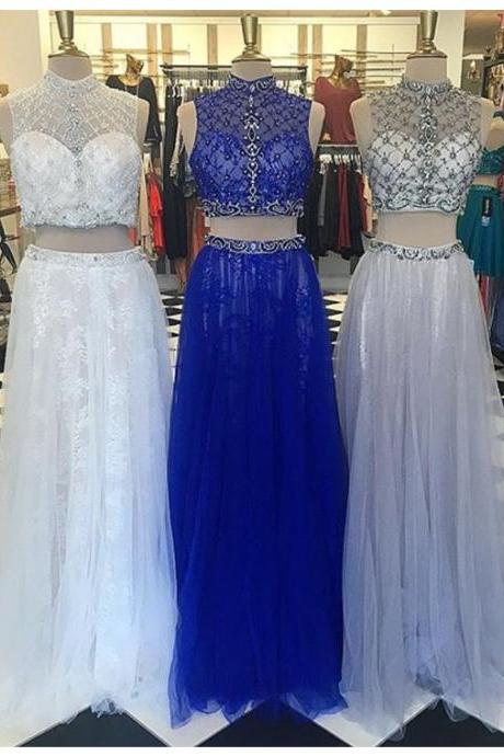 Prom Dresses,evening Dress,party Dresses,modern High Neck Floor-length Two Piece Prom Dress With Lace Beading