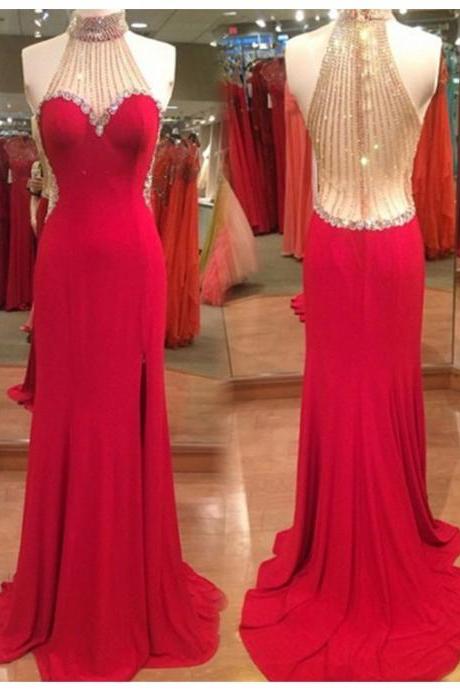 Prom Dresses,evening Dress,party Dresses, Sexy Mermaid High Neck Sweep Train Red Prom Dress With Beading Rhinestone
