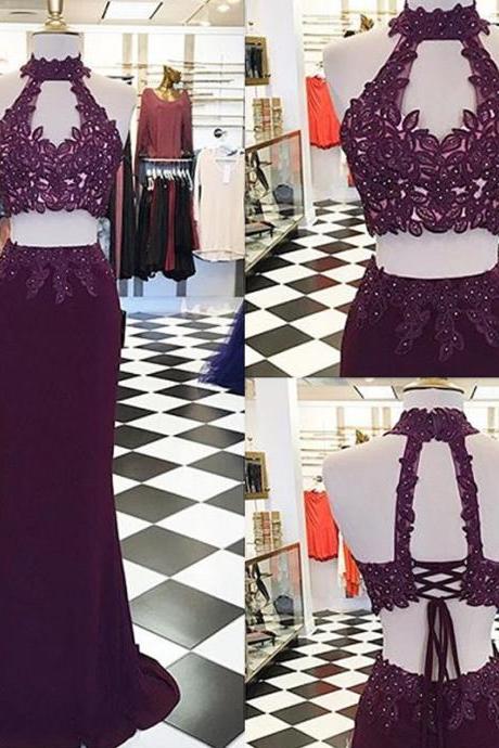 Prom Dresses,evening Dress,party Dresses,decent Two Piece Burgundy Mermaid Prom Dress - High Neck Keyhole Open Back Lace-up Appliques Beading