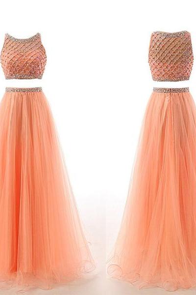 Coral Two-piece Prom Dress Featuring Beaded Embellished Halter Neck Crop Bodice And Long Tulle A-line Skirt