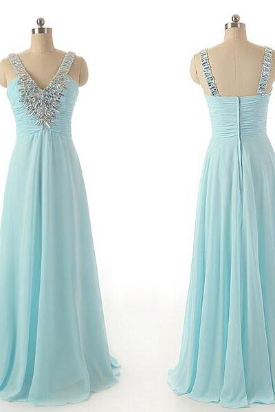 Blue Chiffon Floor Length A-line Prom Dress Featuring Beaded Embellished Plunge V Ruched Bodice
