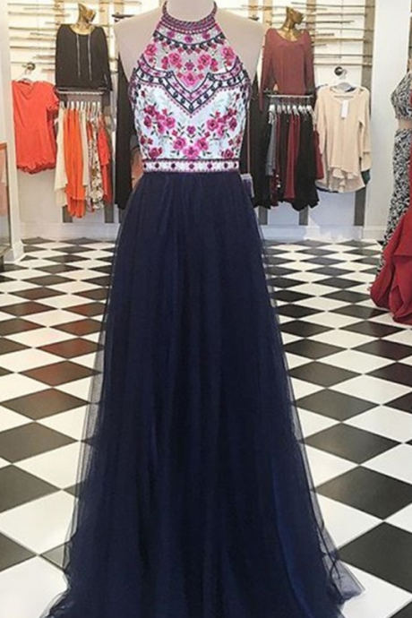 Prom Dresses,Evening Dress,Party Dresses,Modern Halter Floor-Length Navy Blue Prom Dress with Embroidery Beading