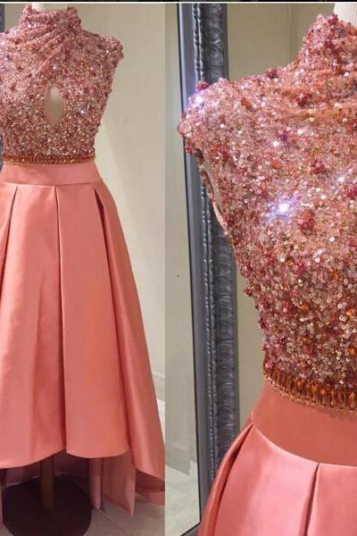 Prom Dresses,Evening Dress,Party Dresses,High Neck Shiny Sequins Dubai Style Prom Dresses, High Low Satin Party Dresses,Luxury Crsytal Sequins Cocktail Dresses 2017, Sexy Hollow Front Customize Party Dresses, Short Cap Sleeve Sequins Pink Cocktail Dresses 2017
