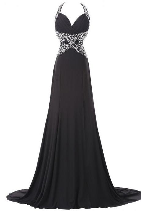 Black Floor Length Chiffon A-line Prom Dress Featuring Beaded Embellished Ruched Plunge V Bodice With Halter Straps And Criss Cross Open Back