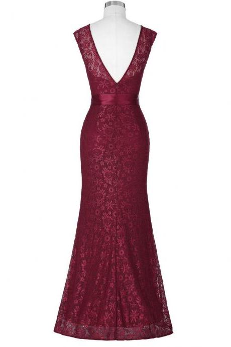 Burgundy Lace Floor Length Trumpet Evening Dress Featuring Jewel Cap Sleeve Bodice With Bow Accent Belt And Plunge V Back