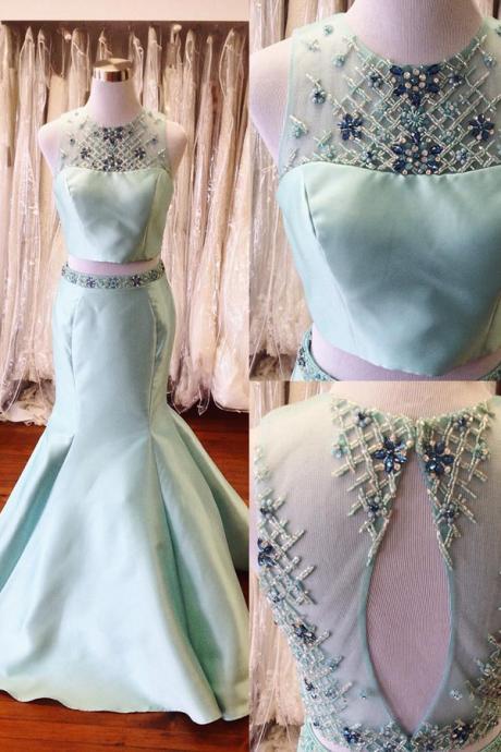 Two Pieces Long Mermaid Satin Prom Dresses For Teens,Handmade Mint Backless Prom Gowns,Charming Evening Dresses,Formal Party Dresses,Cute Dresses