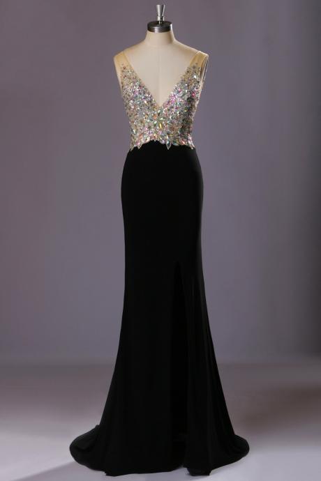 Sexy Black Prom Dress, Sexy Open Back Prom Gowns, Charming Prom Evening Dress, Beading Prom Dress, Woman Formal Evening Gowns, Prom Dresses