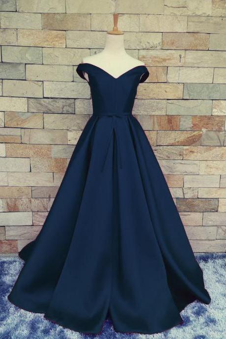 Charming Dark Navy Blue A Line Prom Dresses Satin Off The Shoulder Evening Gowns With Belt And Pleat