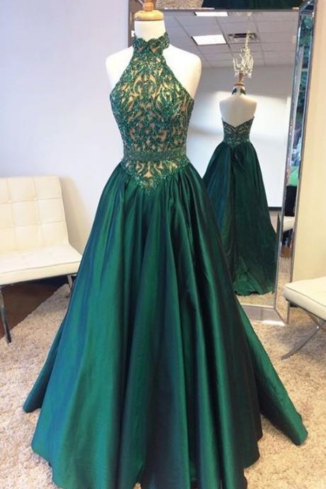 Elegant Halter Sweep Train Hunter Prom Dress With Lace Beading, Emerald Green Prom Dress, Prom Party Dress, Long Prom Dress