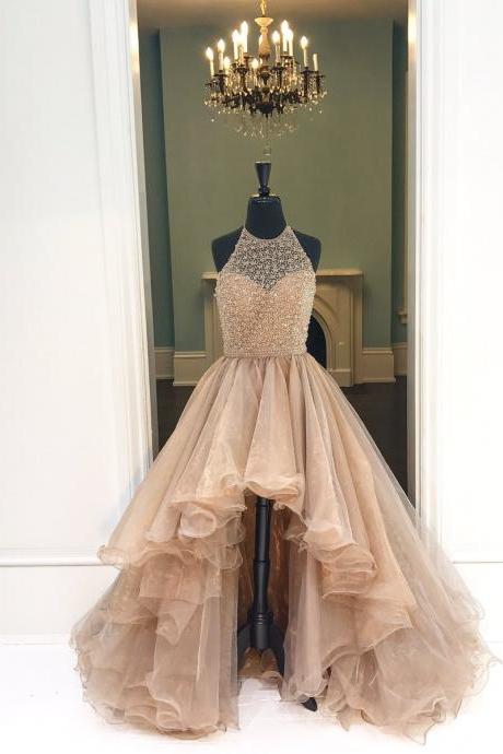 Champagne Organza Halter High Low A-line Long Dress,formal Dresses For Teens