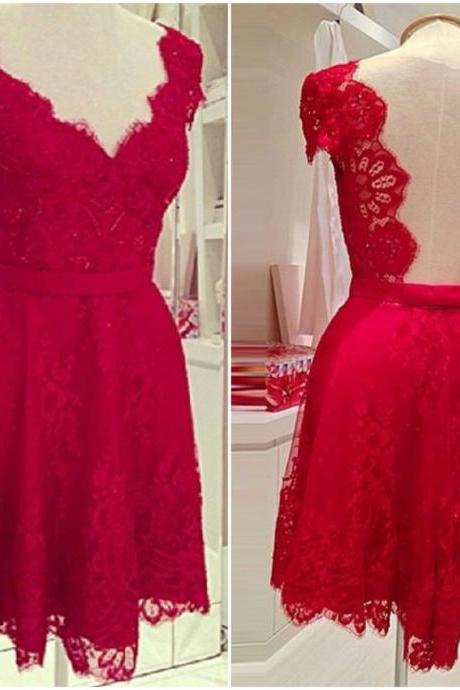 Elegant V neck Low Back Red Lace Dress, Short Prom Dress, Lace Prom Dress, Homecoming Dresses, Lace Homecoming Dress, Short Party Dress, Special Occasion Dress, Sweet 15 Dress