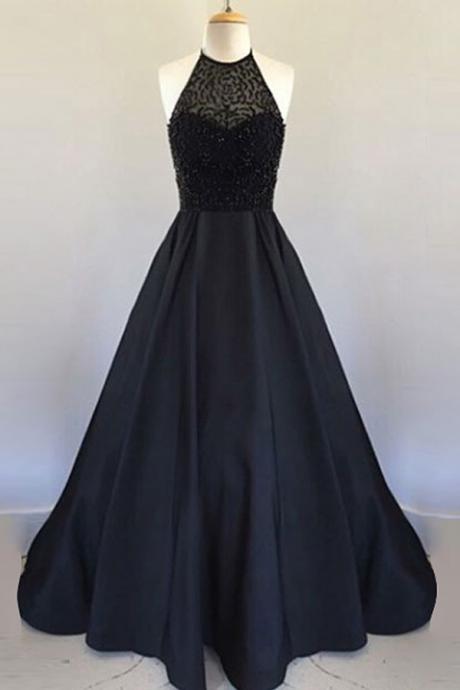 A Line Halter Floor Length Black Pleated Prom Dress With Beading, Black Prom Dresses, Backless Prom Dress, Prom Dress For Teens