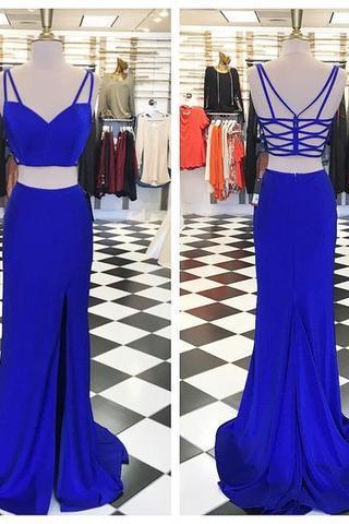 Two Pieces Royal Blue Prom Dresses, Sexy Side Slit Satin Prom Dresses, Long Prom Dresses, Prom Dresses, 2017 Prom Dresses, Prom Dresses