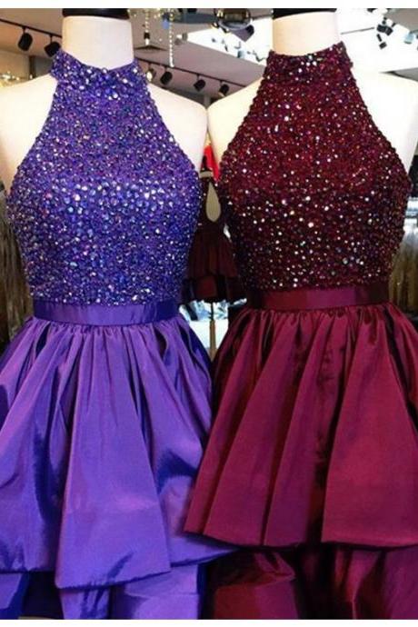 Chic Halter Sleeveless Lilac/burgundy Short Prom Dress With Beading Pleats,homecoming Dresses