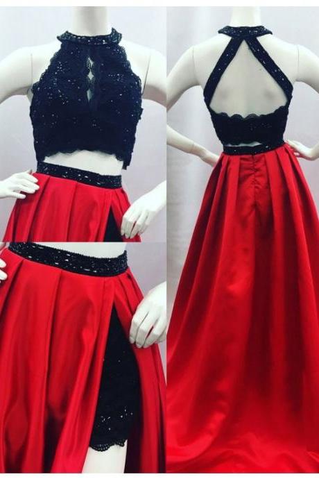 Elegant A-line Round Neck Open Back Split Sweep Train Red Prom Dress With Lace Beading
