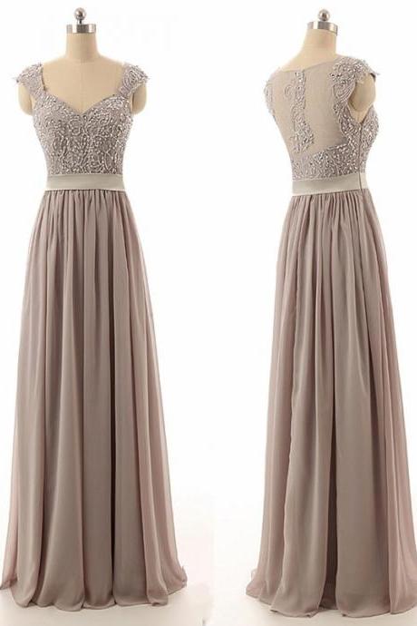 Floor Length Chiffon A-line Pleated Bridesmaid Dress Featuring Beaded Embellished Plunge V Cap Sleeves Bodice And Illusion Open Back
