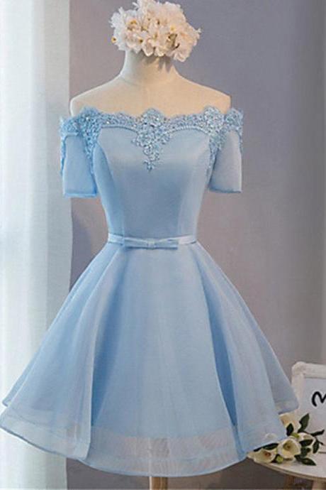 Elegant A-line Off-the-shoulder Above-knee Blue Tulle Homecoming Dress with Appliques,Homecoming Dresses