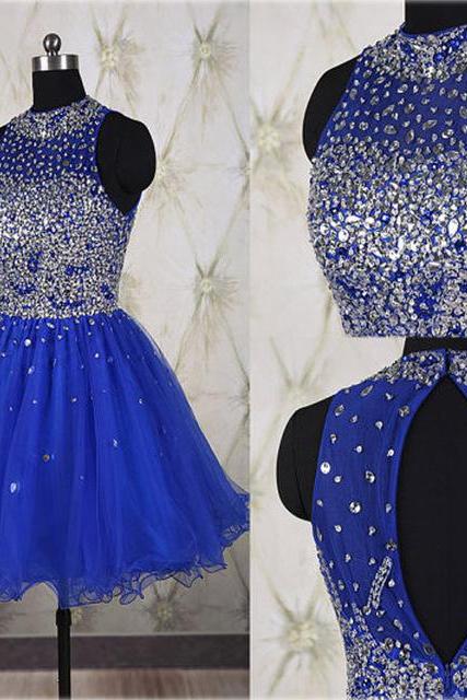 Prom Dress，blue Prom Dress,crystal Prom Dresses,short Elegant Prom Dresses Custom Made Prom Dress, Organza Prom Dresses, Sexy Prom Dress,