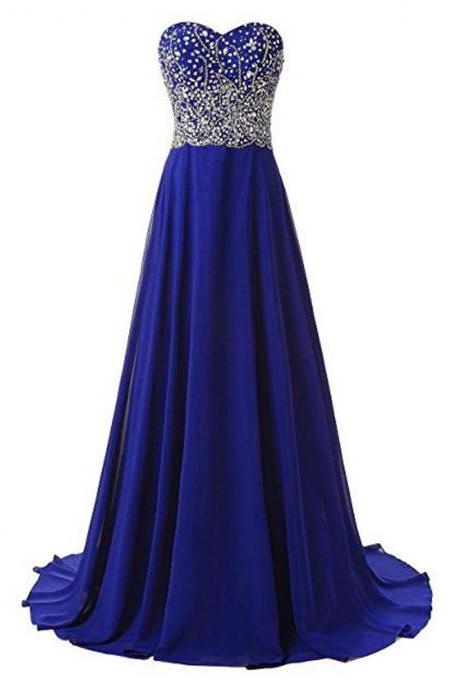 Royal Blue Long Sweetheart A Line Evening Dresses, Beaded Party Dress ,robe De Soiree Formal Gowns