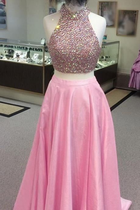  Long Pink Satin A-Line Formal Dress, Featuring Rhinestone Beaded Bodice,Long Elegant Prom Dresses,Two Piece Prom Dress
