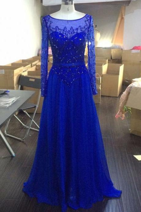 Royal Blue Floor Length Chiffon Evening Dress, Featuring Beaded Bodice With Sheer Bateau Neckline And Long Sleeve