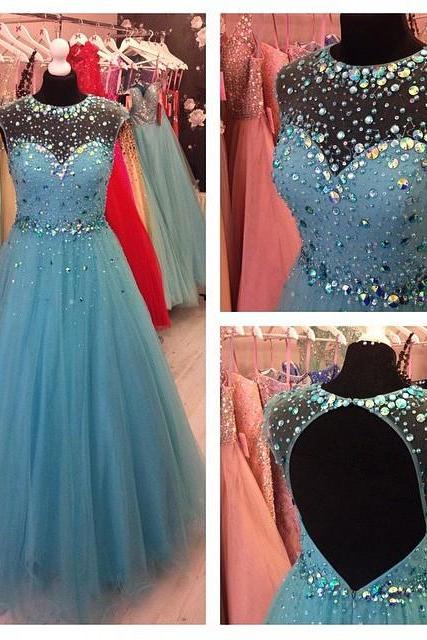 Beading Blue Tulle Prom Dress, A-line Sleeveless Prom Dresses,evening Dress,high Quality Graduation Dresses,wedding Guest Prom Gowns, Formal